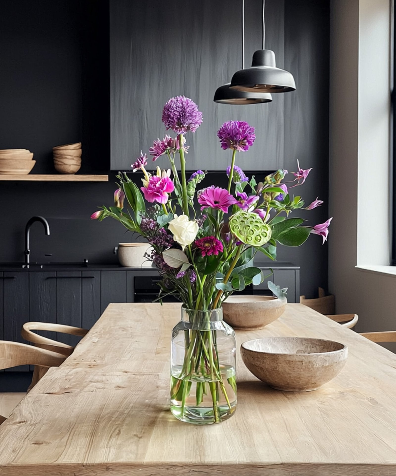 paars veldboeket in interieur